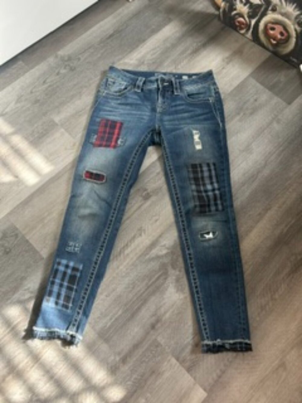 Miss Me Size 26 Mid Rise Plaid Patchwork Ankle Skinny Jeans